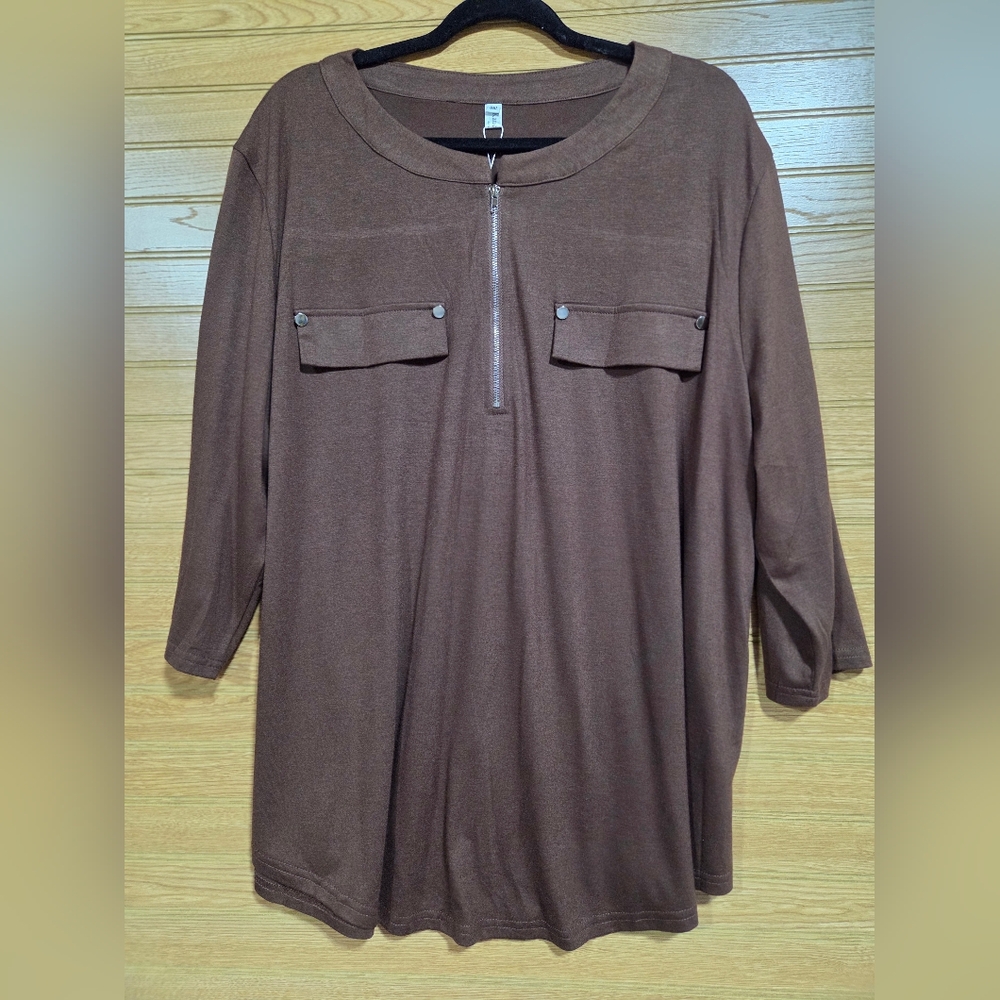 NWT Kancystore Women's Brown 3/4 Sleeve Top with Zipper Size 3XL